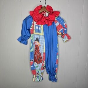 Vintage Clown Costume Kids Patchwork Scarecrow Hat Dot Pom Pom Neck Ruffle 2-3T
